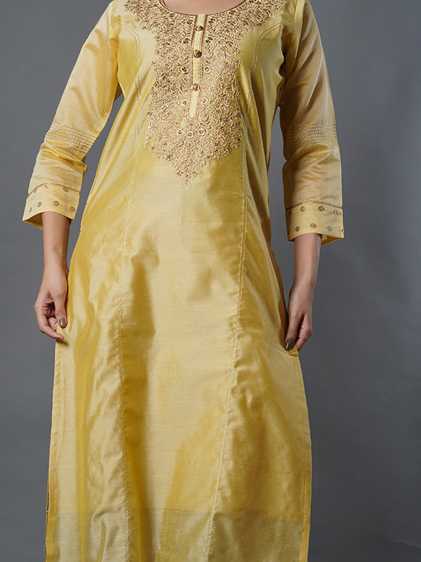 Golden Glow Dress Set with Embroidery: Cotton Kurti, Cotton Pant, and |  Kiana Fashion