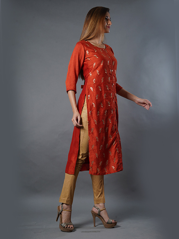 Straight Style Cotton Fabric Printed Orange & Red colour Zari, Mirror &  Thread work Kurta with palazzo & Dupatta