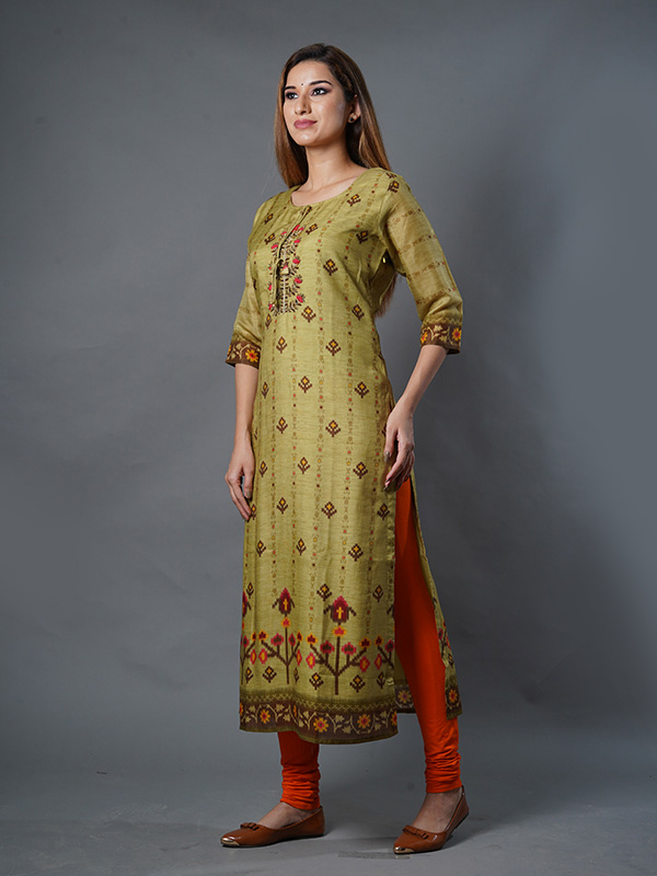 Ravishing Red Colour Cotton Kurti With Multicolour Embroidered Jaal