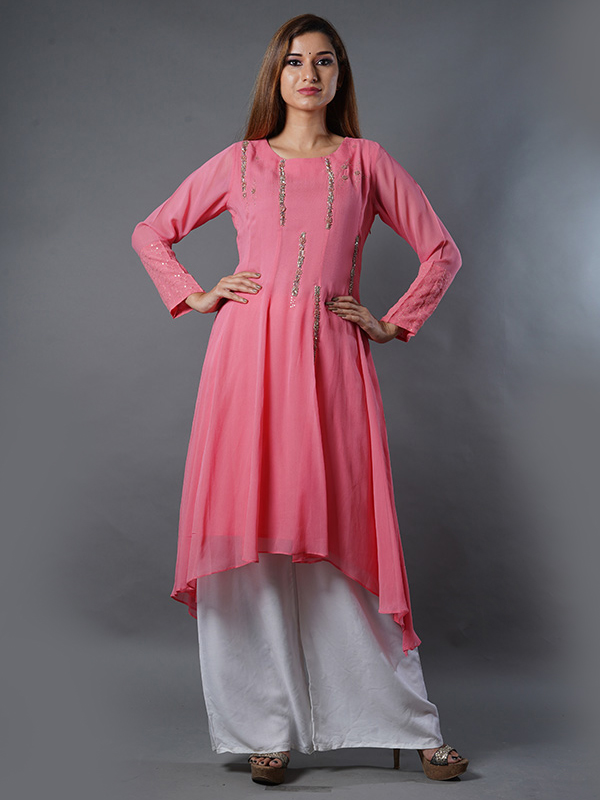 Alluring Light Pink Colour Kashmiri Embroidered Georgette Kurti
