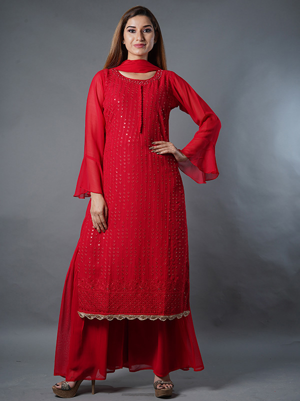 Georgette Red Designer Straight Salwar Suit buy online -